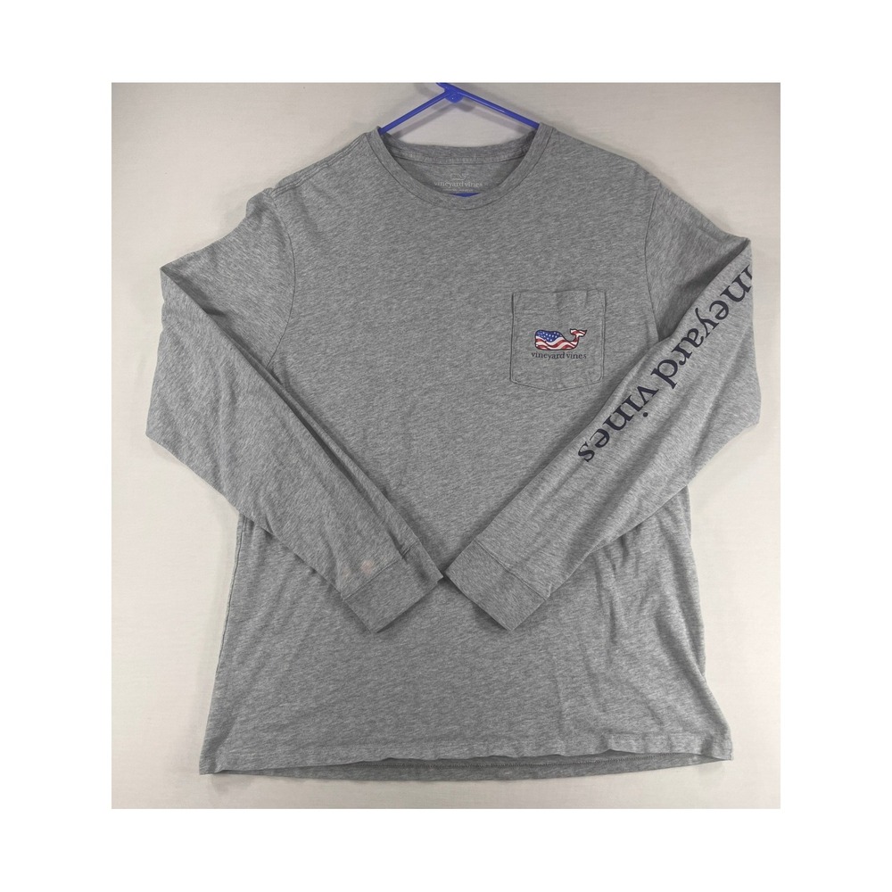 Vineyard Vines‎ Mens Gray American Flag Whale Long Sleeve Pocket T-Shirt Size M
